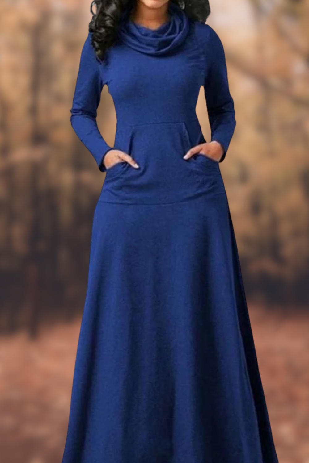 CD | Rochie maxi casual cu mânecă lungă, decolteu rotund și buzunar