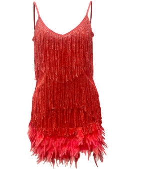 CD | Sexy Tassel paiete pană de vară Mini rochie Femei V-Neck Spaghete curea Stitching rochii Femei Elegant seara Party Club rochie