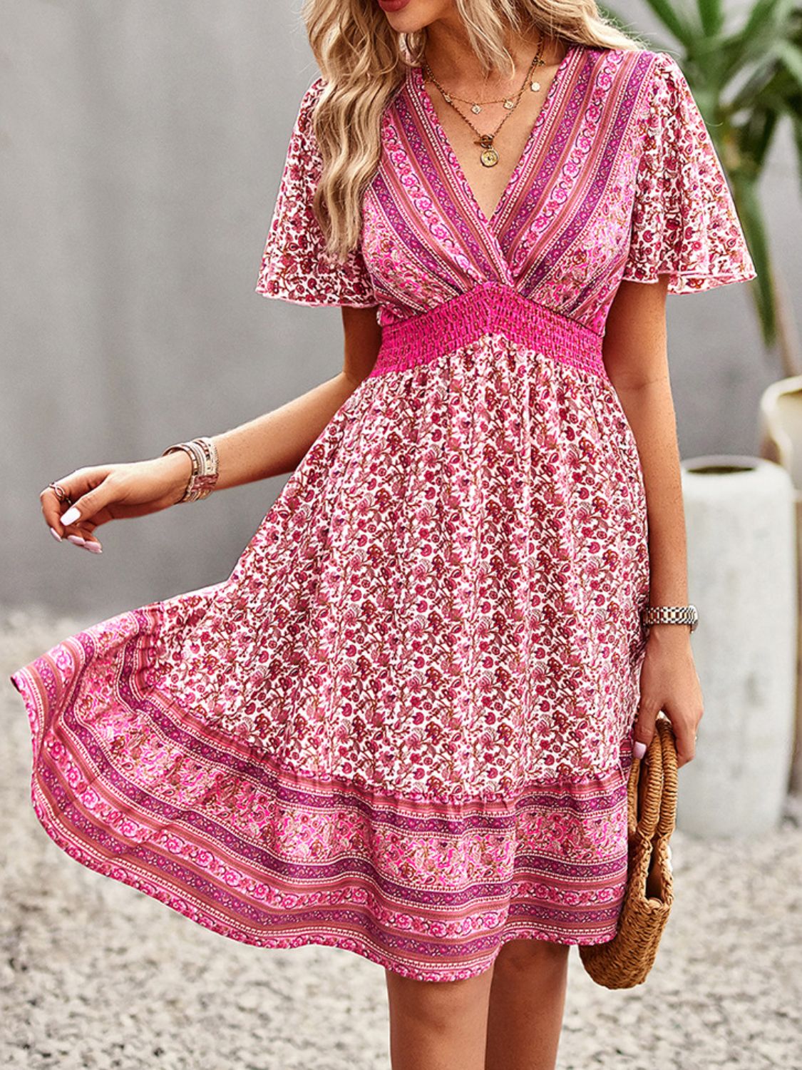 CD | Floral Smocked talie scurt maneca mini rochie