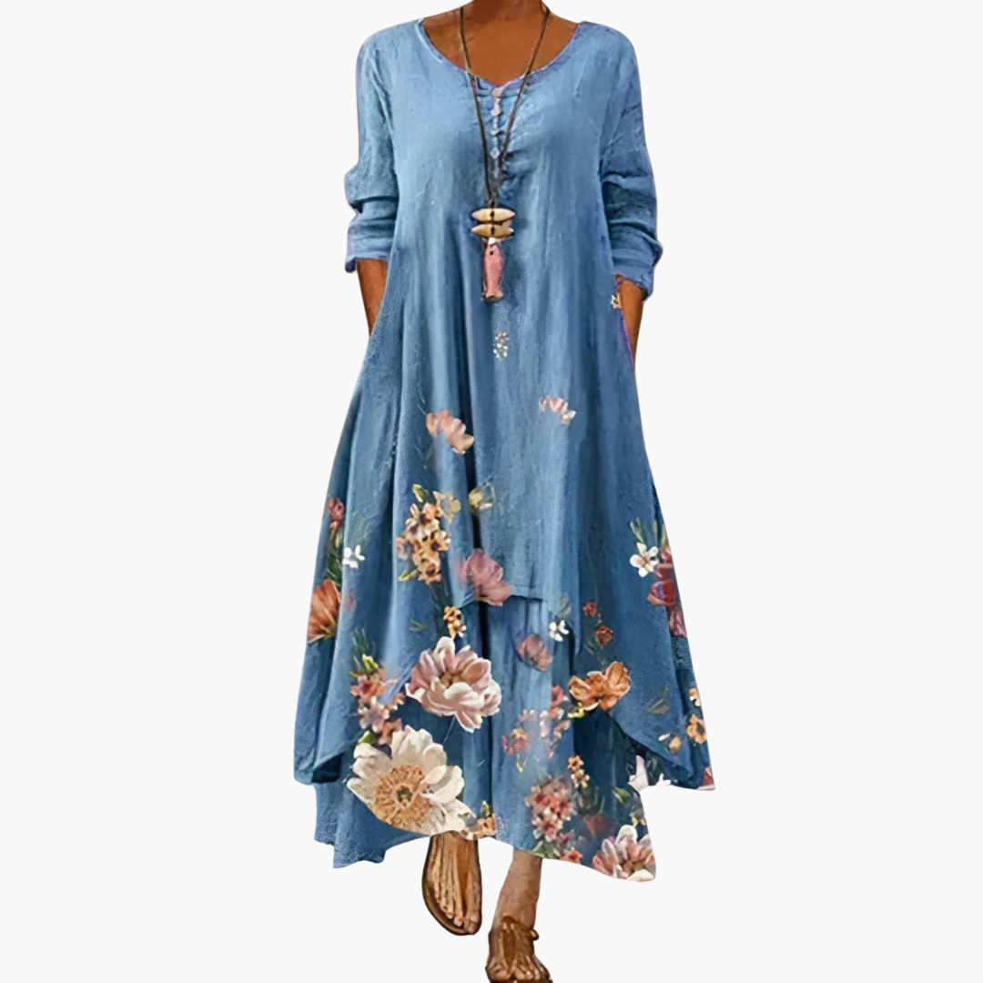 CD | Rochie maxi de vară pentru femei cu mâneci lungi și imprimeu floral