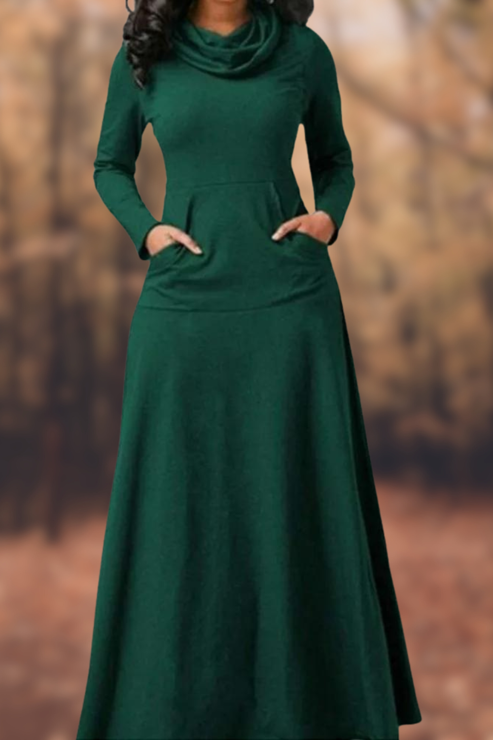 CD | Rochie maxi casual cu mânecă lungă, decolteu rotund și buzunar