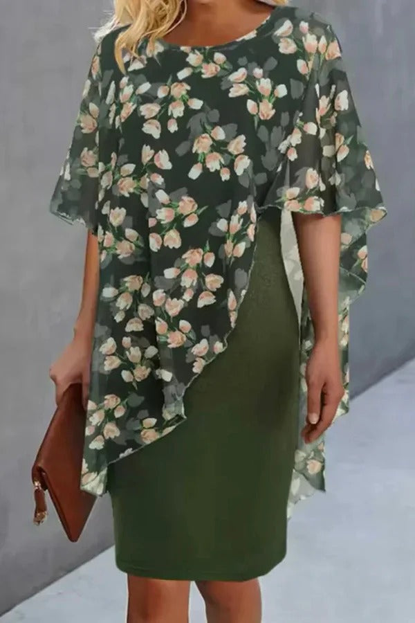 CD | Chiffon florale imprimare rotund gât Casual Mini rochie