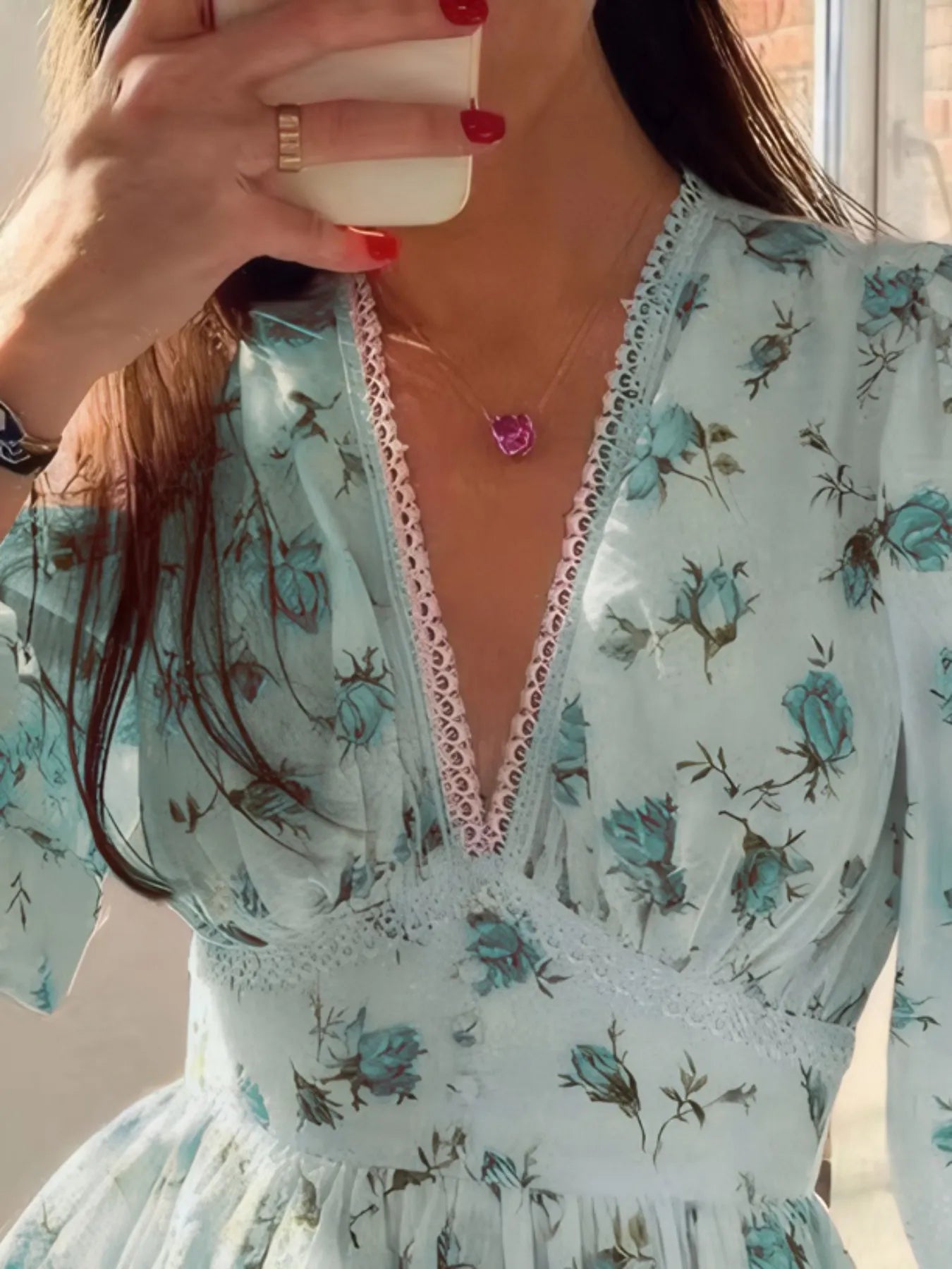 CD | Full Dimensiune florale imprimare dantelă detaliu V-Neck Mini rochie Plus SIze