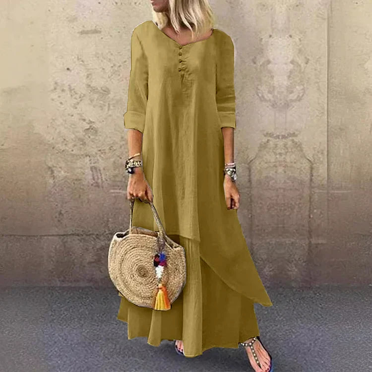 CD | Rochie midi de damă - Ținută relaxată - Fibre naturale - Tiv asimetric - Mâneci 3/4
