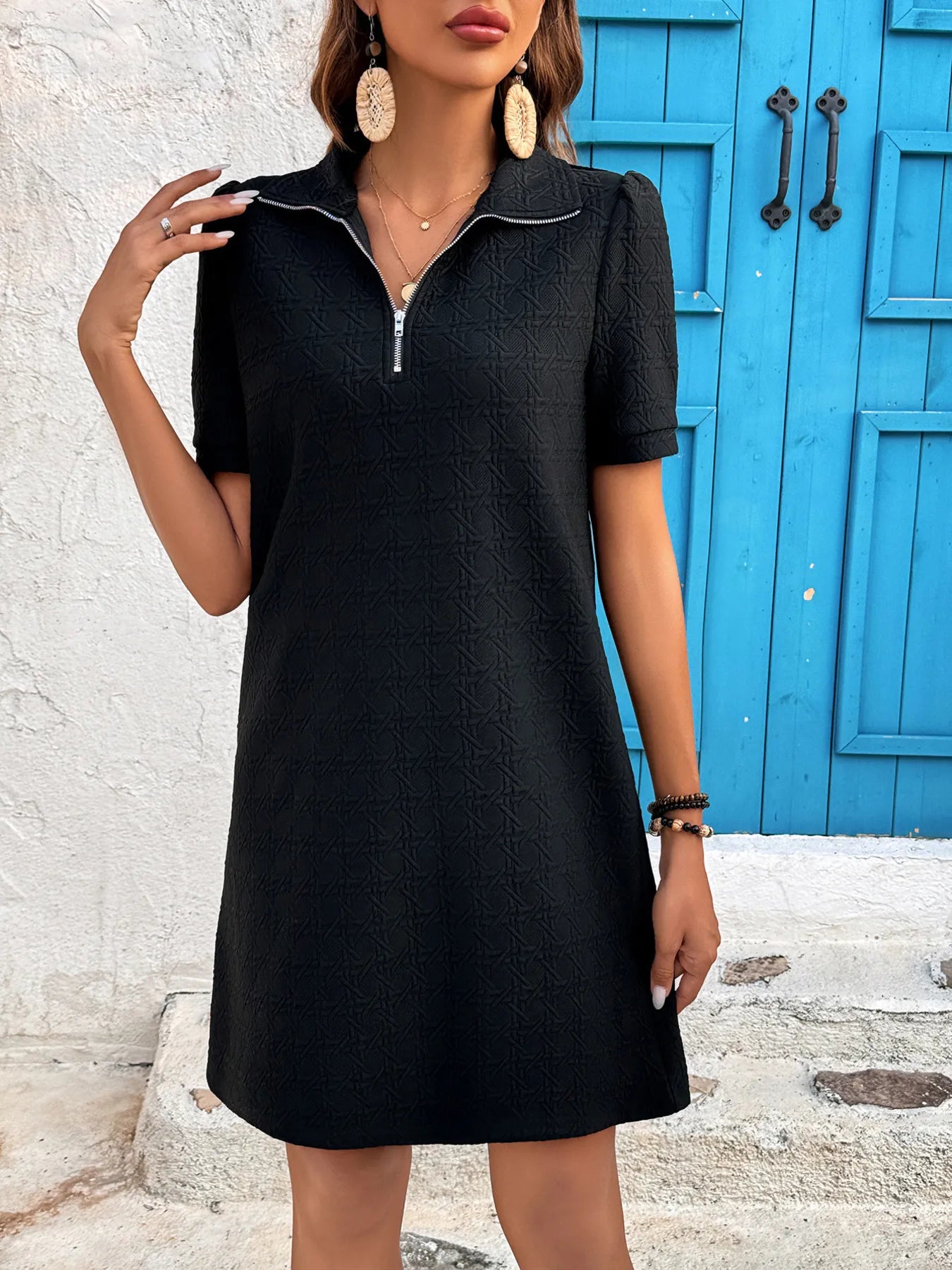 CD | Zip guler mânecă scurtă casual mini rochie