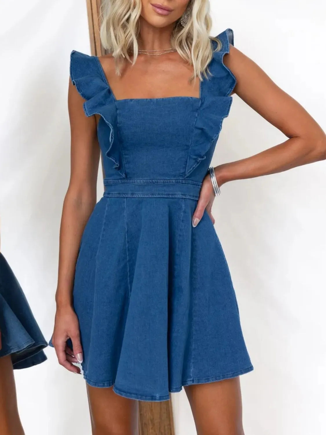 CD | Rochie mini din denim încrețită cu decolteu pătrat