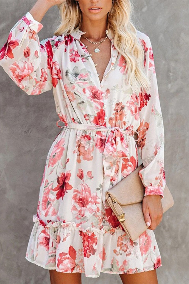 CD | Mini rochie cu mâneci lungi, cu imprimeu floral, cu decolteu tip O
