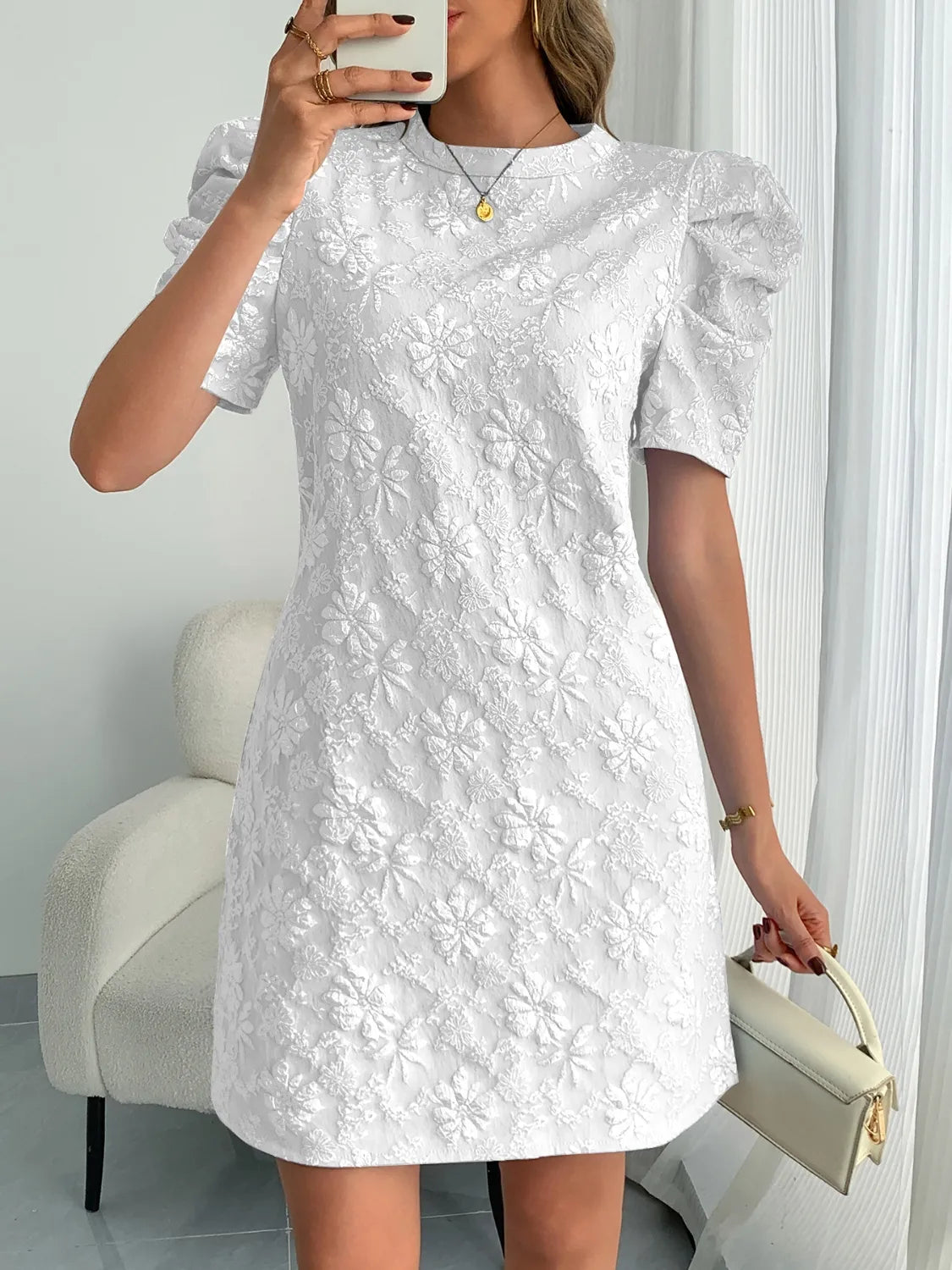 CD | Gât rotund puffy cu mânecă scurtă rochie mini