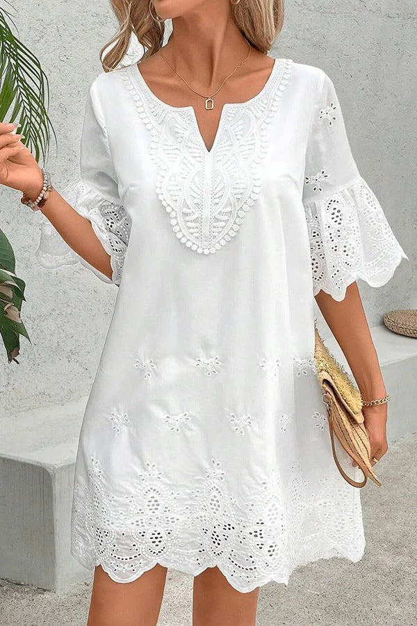 CD | Culoare solidă goală broderie dantelă casual v-neck rochie mini