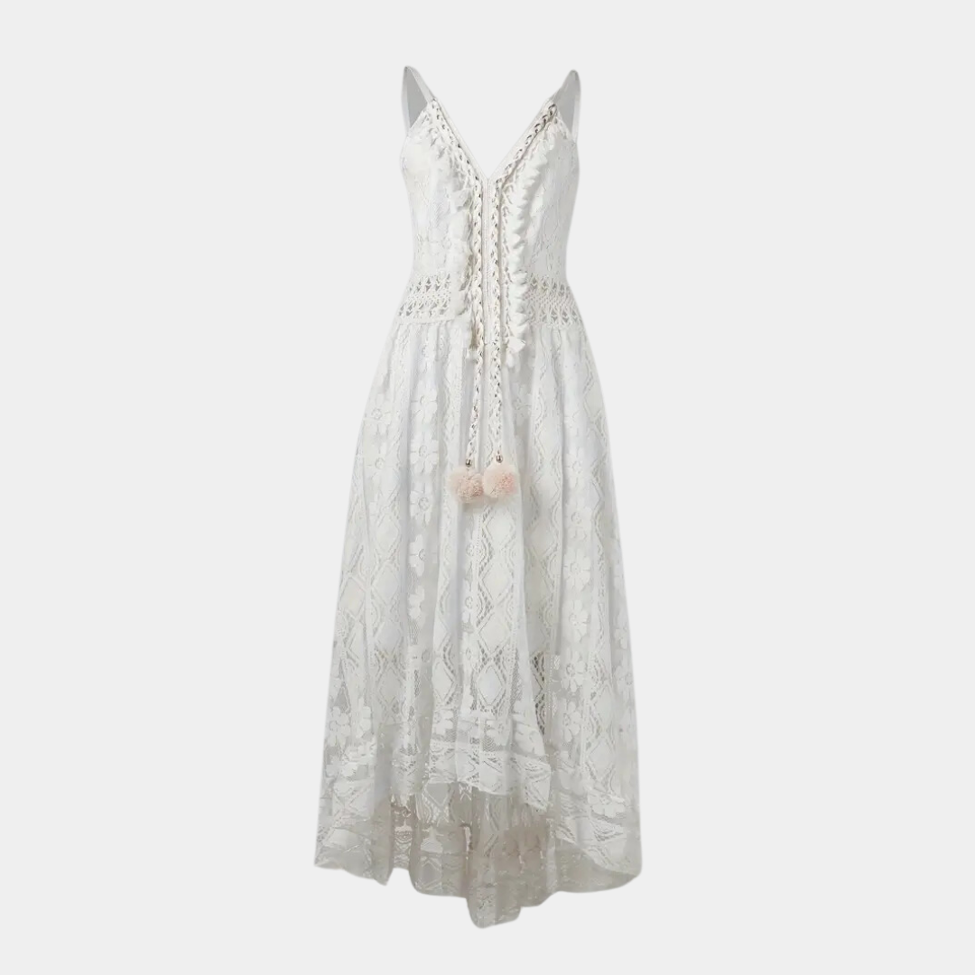 CD | Rochie midi pentru femei - Ținută relaxată - Detaliu dantelă - Decolteu în V - Stil boho - Material respirabil