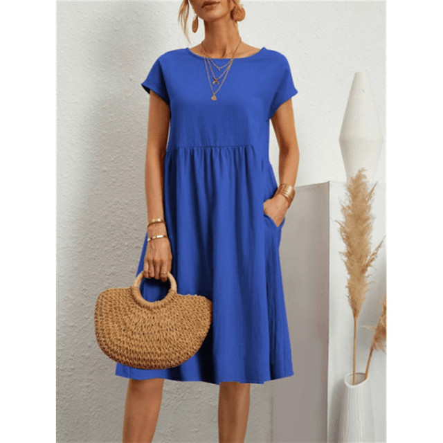 CD | Rochie midi cu mânecă scurtă din bumbac și in pentru femei