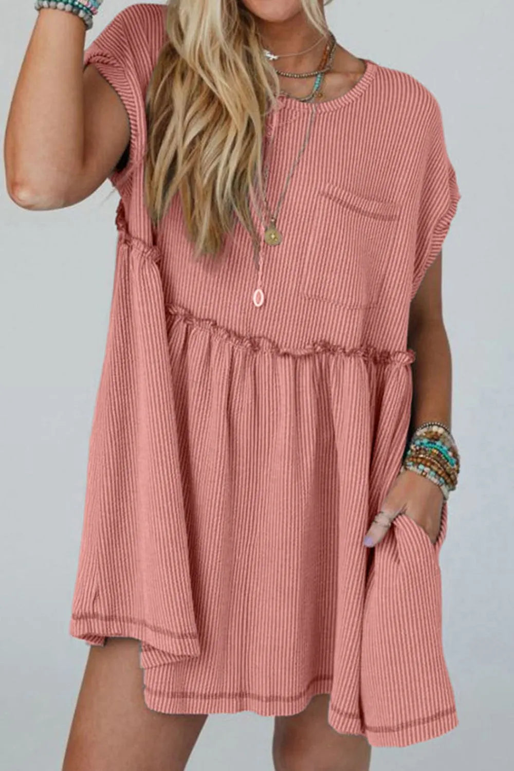 CD | Corded Knit Texturat patch-uri buzunar Frilled Swing rochie mini cu buzunare