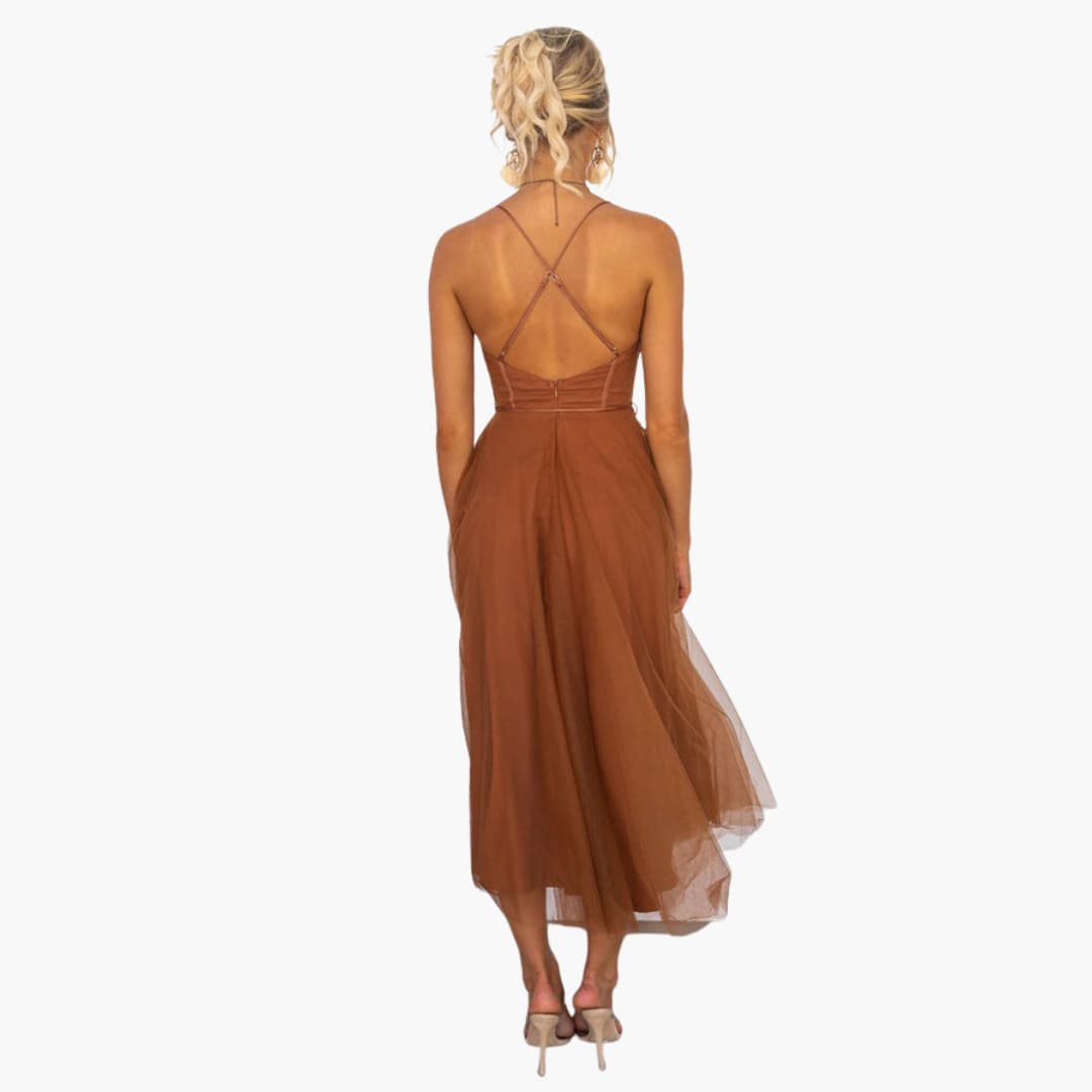 CD | Rochie maxi din tul pentru femei cu bretele spaghetti și bust adunat