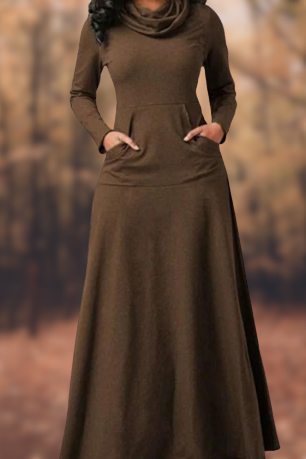 CD | Rochie maxi casual cu mânecă lungă, decolteu rotund și buzunar