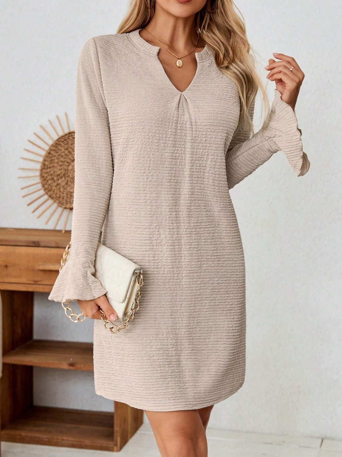 CD | Rochie mini crestată cu mâneci evazate