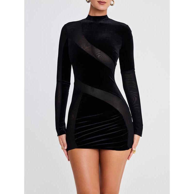 CD | Mini rochie sexy din catifea cu mânecă lungă, cu fermoar și plasă patchwork