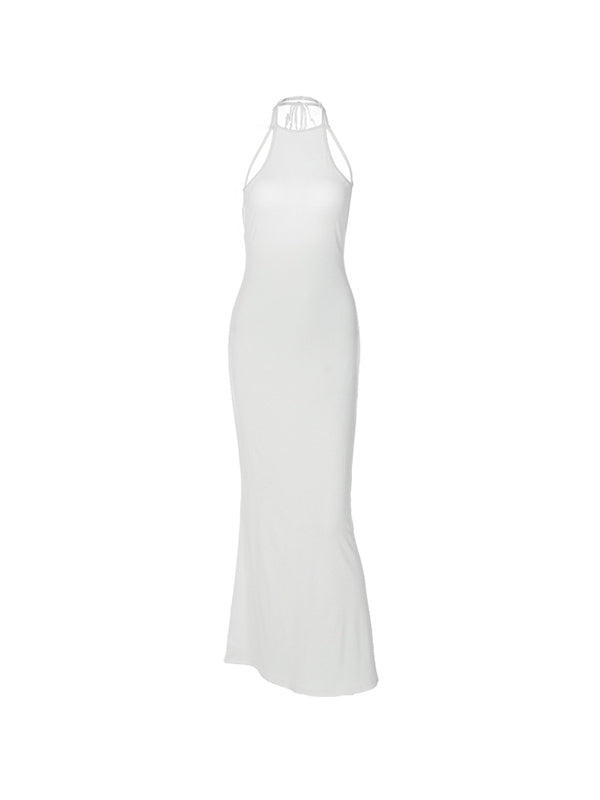 CD | Rochie maxi bodycon albă cu dantelă și guler tip halterneck