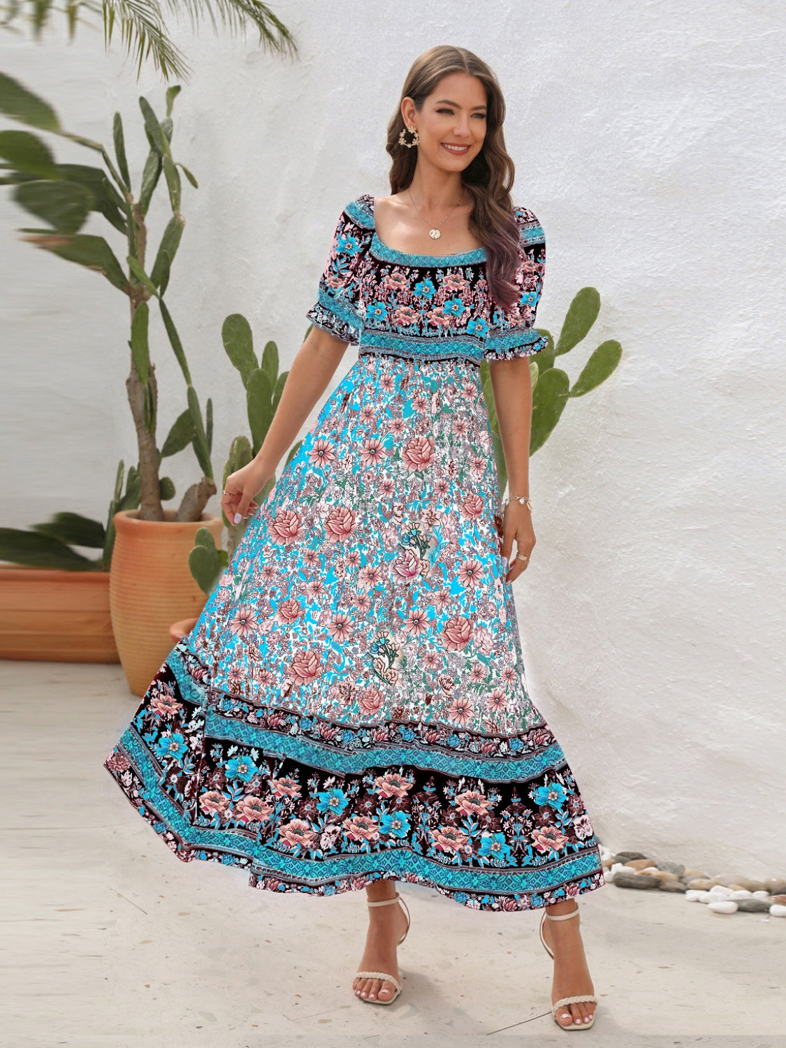 CD | Rochie maxi pentru femei - Smocked top - Mâneci bufante - Fantă laterală - Stil boem