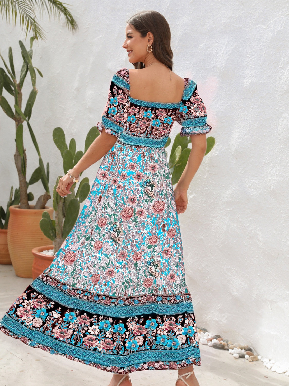 CD | Rochie maxi pentru femei - Smocked top - Mâneci bufante - Fantă laterală - Stil boem
