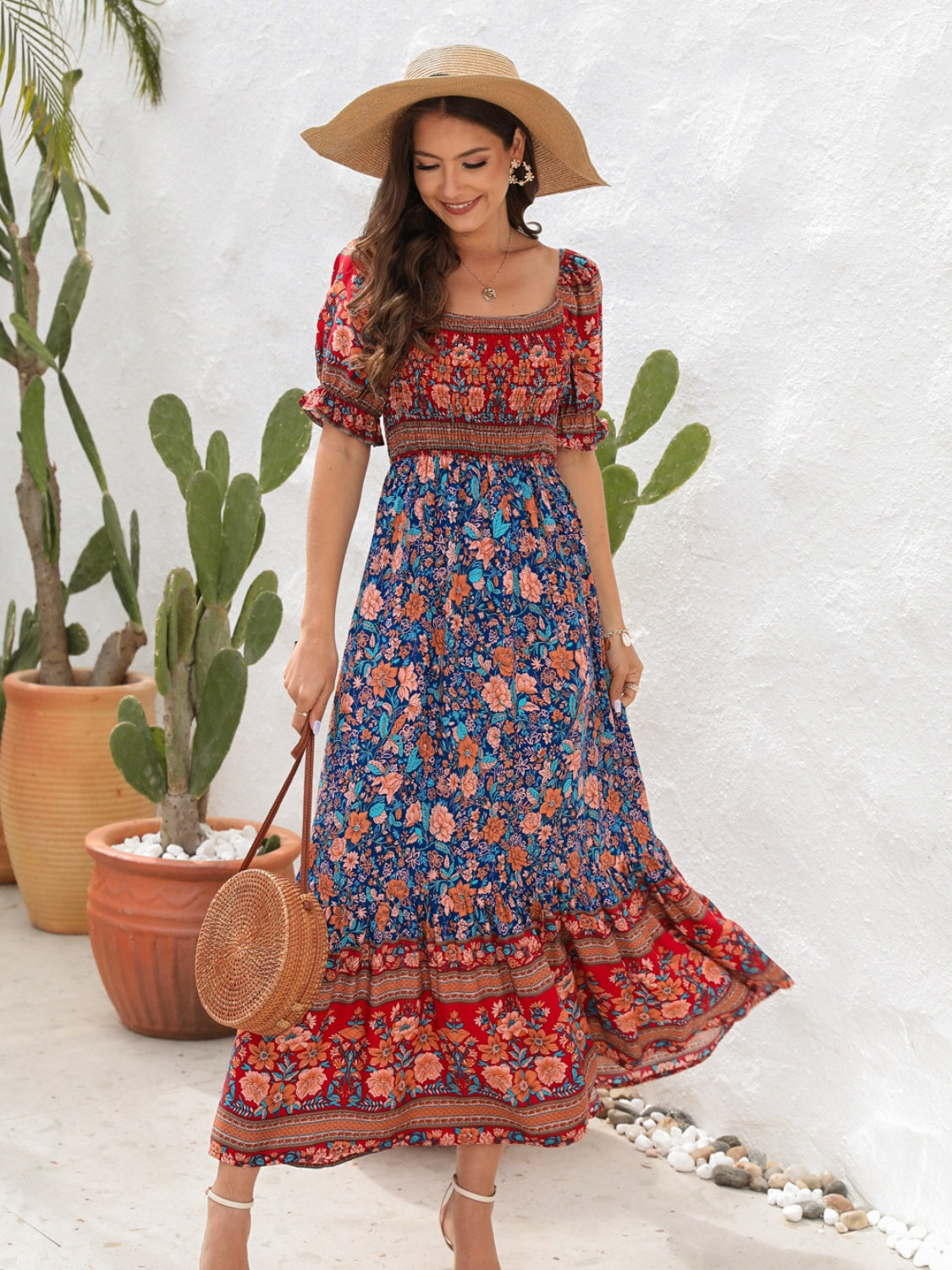 CD | Rochie maxi pentru femei - Smocked top - Mâneci bufante - Fantă laterală - Stil boem