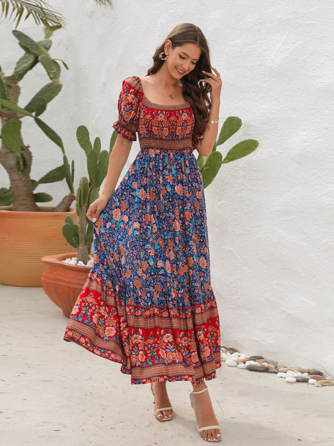 CD | Rochie maxi pentru femei - Smocked top - Mâneci bufante - Fantă laterală - Stil boem