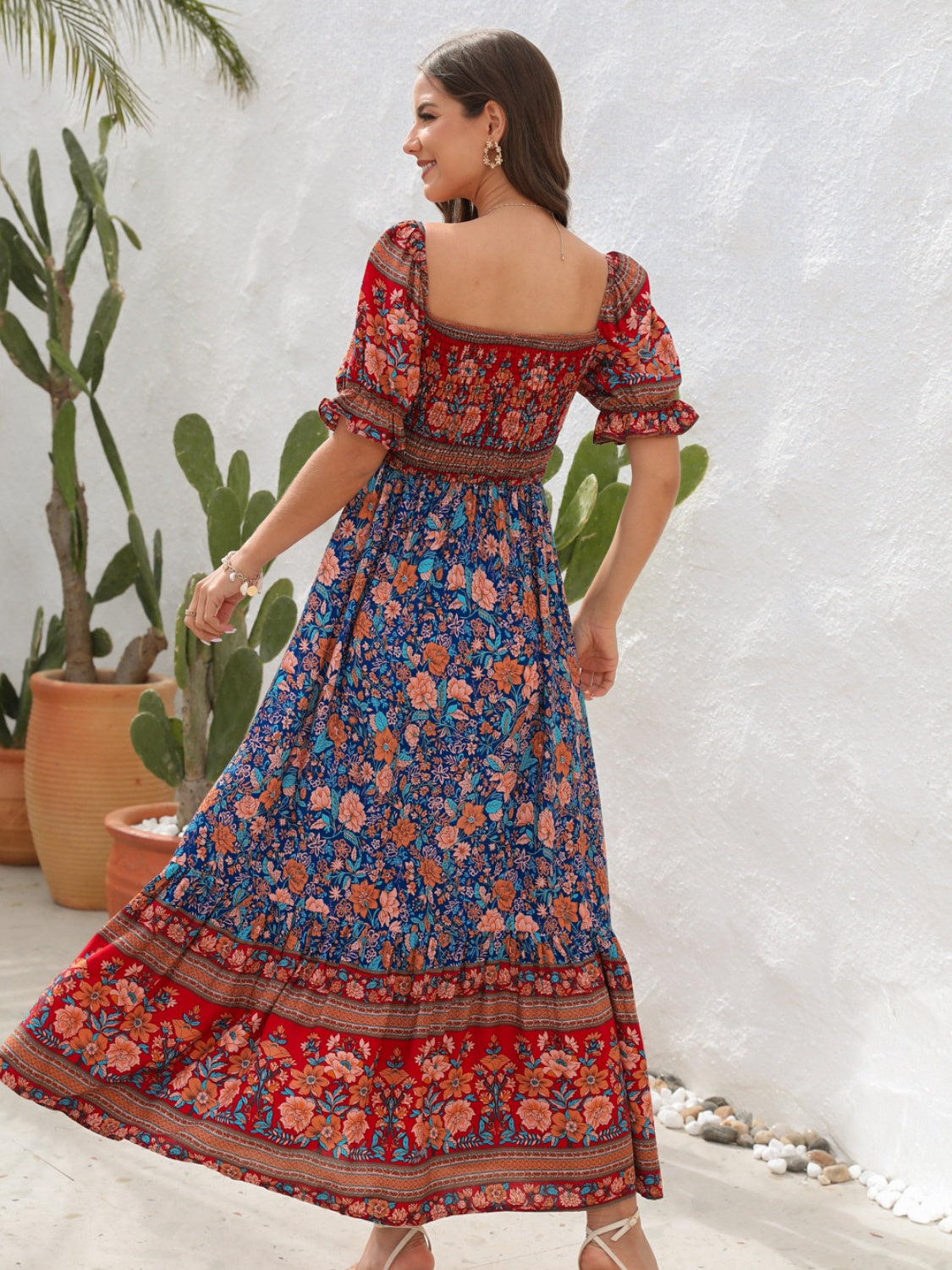 CD | Rochie maxi pentru femei - Smocked top - Mâneci bufante - Fantă laterală - Stil boem