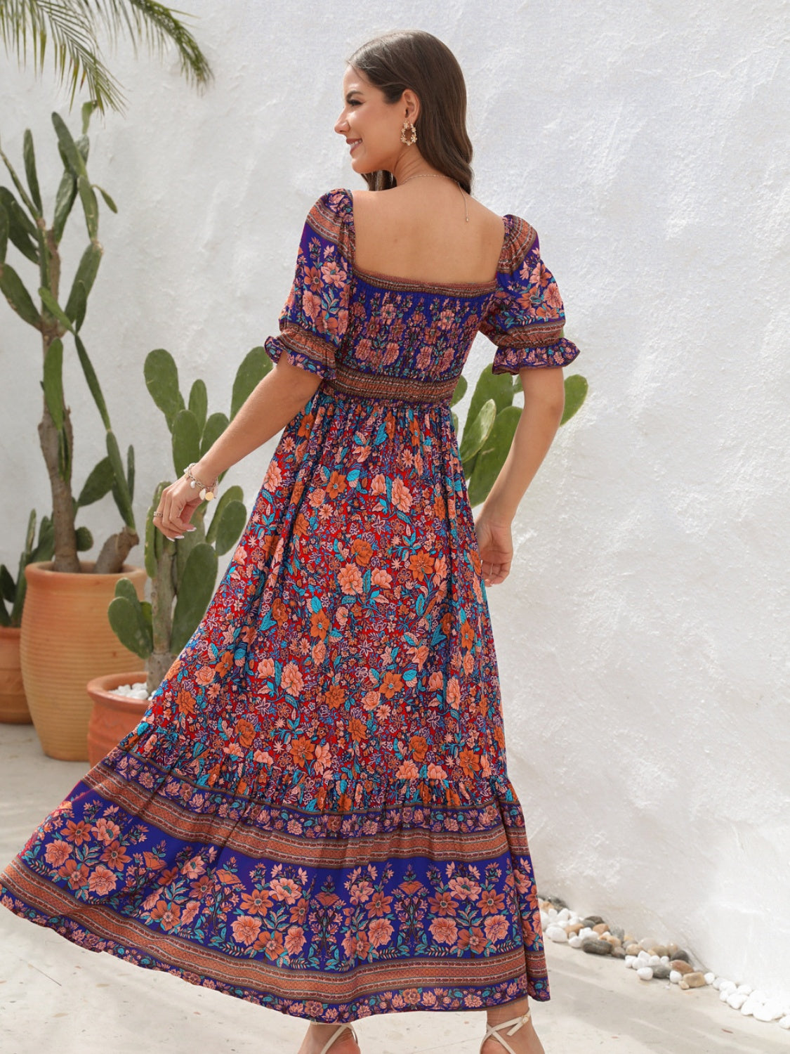 CD | Rochie maxi pentru femei - Smocked top - Mâneci bufante - Fantă laterală - Stil boem
