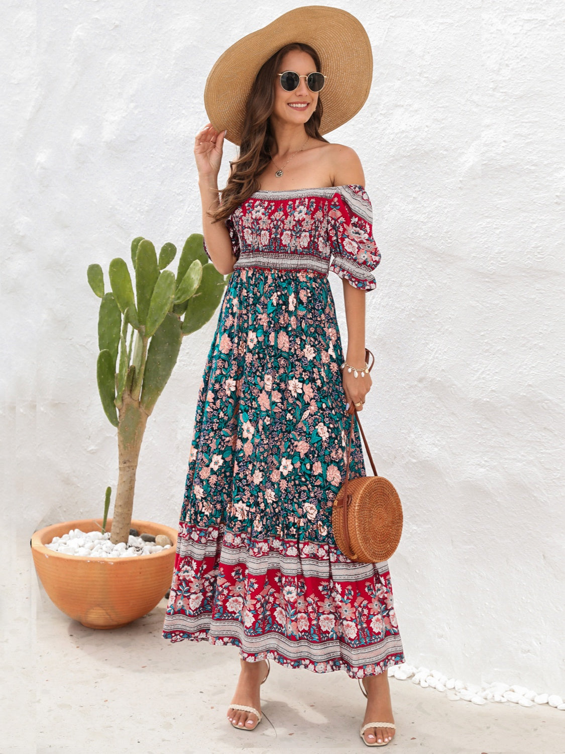 CD | Rochie maxi pentru femei - Smocked top - Mâneci bufante - Fantă laterală - Stil boem