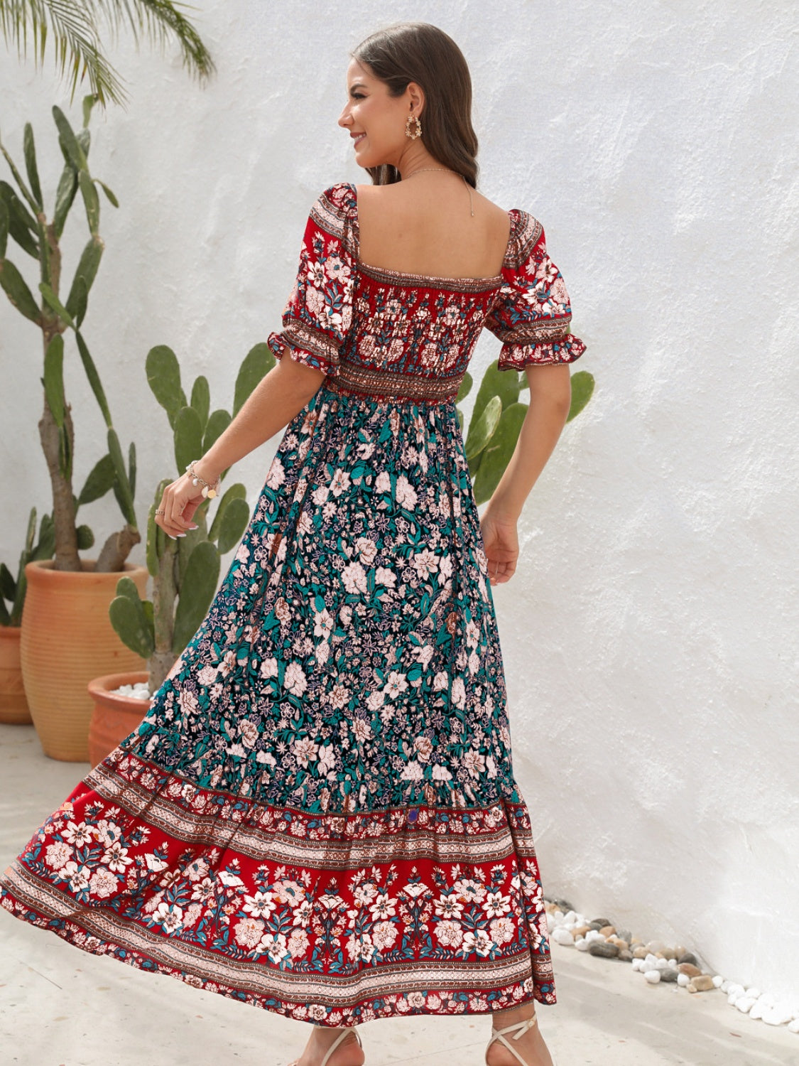 CD | Rochie maxi pentru femei - Smocked top - Mâneci bufante - Fantă laterală - Stil boem