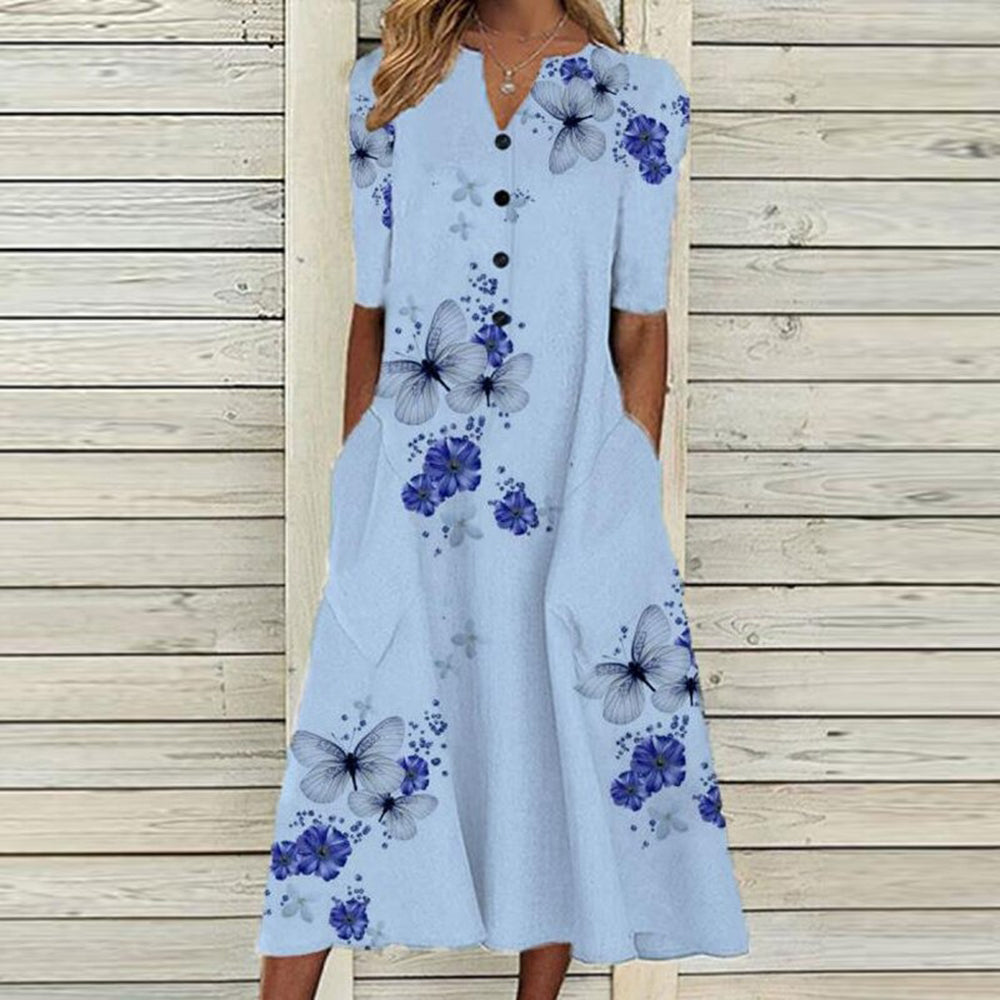 CD | Rochie midi pentru femei - decolteu în V - butonieră - mâneci scurte - imprimeu floral cu fluturi - buzunare