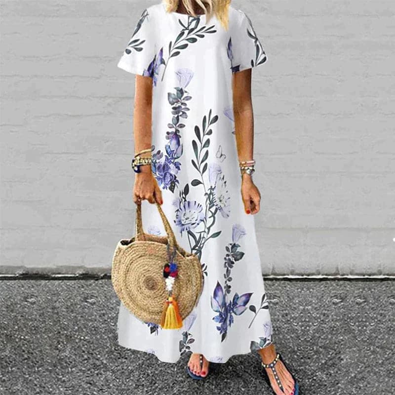 CD | Rochie maxi pentru femei - Ținută relaxată - Mâneci scurte - Fibre naturale - Imprimeu floral