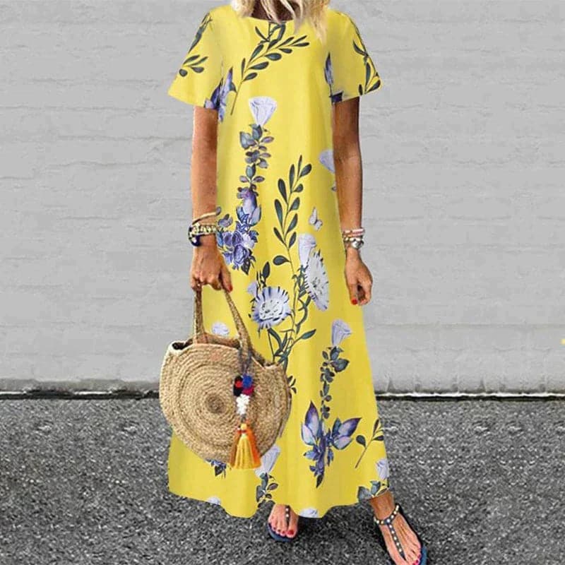 CD | Rochie maxi pentru femei - Ținută relaxată - Mâneci scurte - Fibre naturale - Imprimeu floral