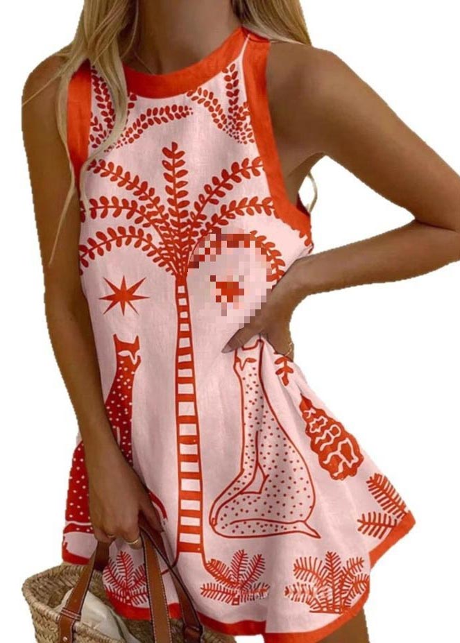 CD | Bohemian Print Linen A Line Mini Rochie fără mâneci