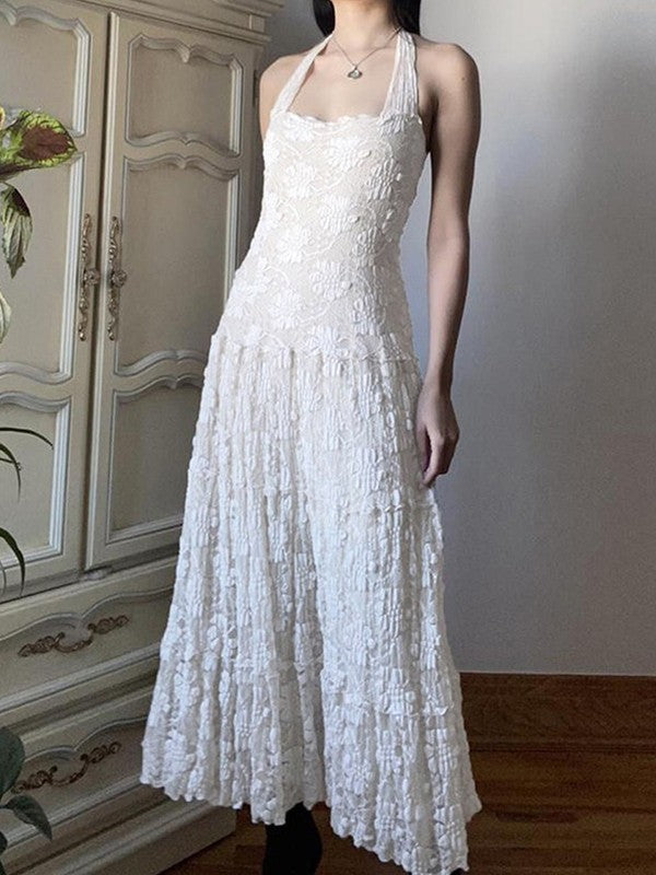 CD | Rochie maxi albă cu dantelă florală și halter