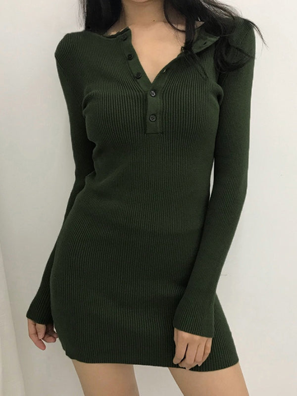 CD | rochie mini cu mânecă lungă din tricot cu nervuri și placă de nasturi
