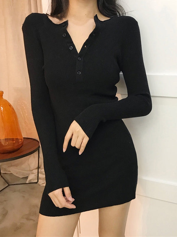CD | rochie mini cu mânecă lungă din tricot cu nervuri și placă de nasturi