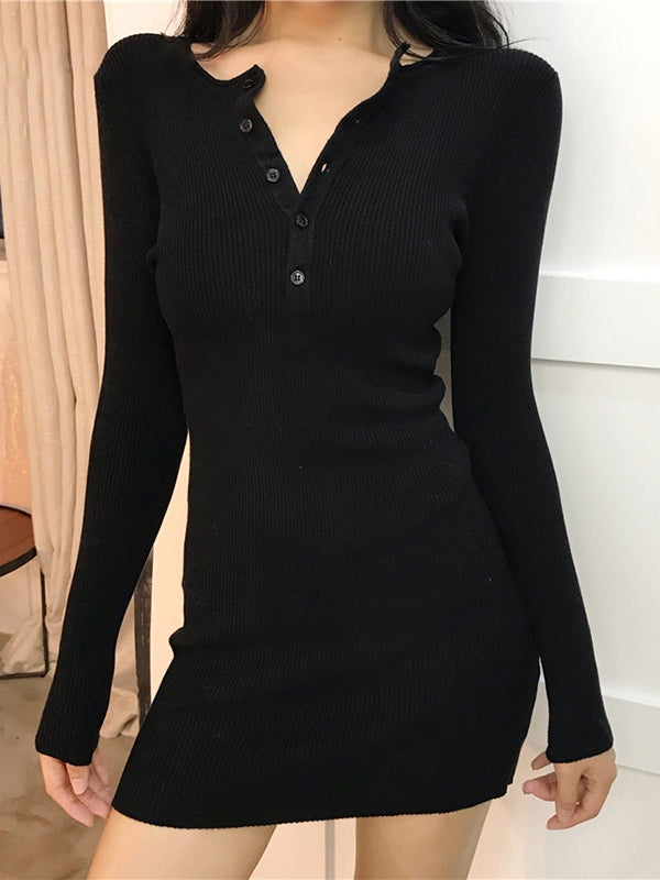 CD | rochie mini cu mânecă lungă din tricot cu nervuri și placă de nasturi