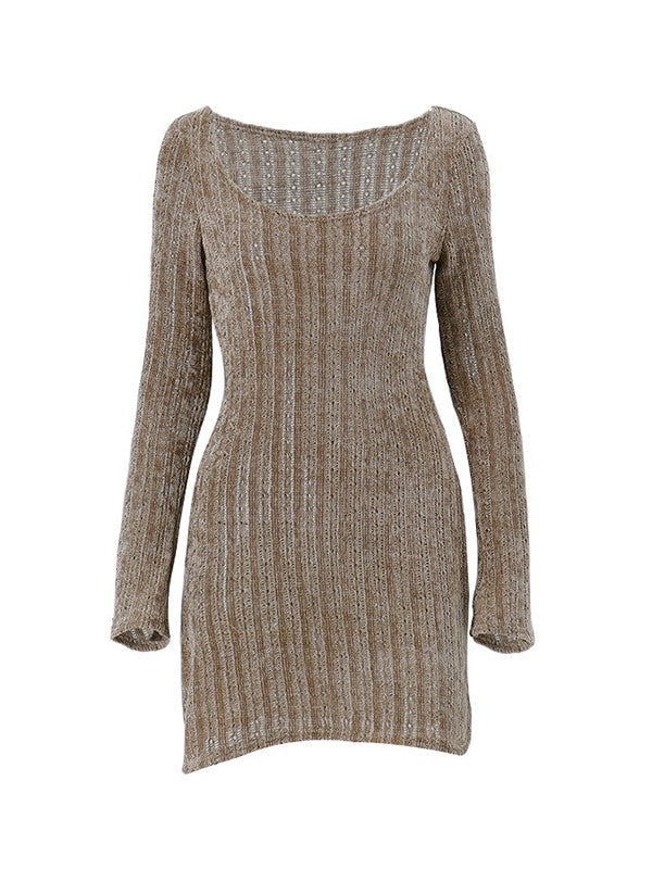 CD | Rochie mini vintage maro cu mânecă lungă și pulover