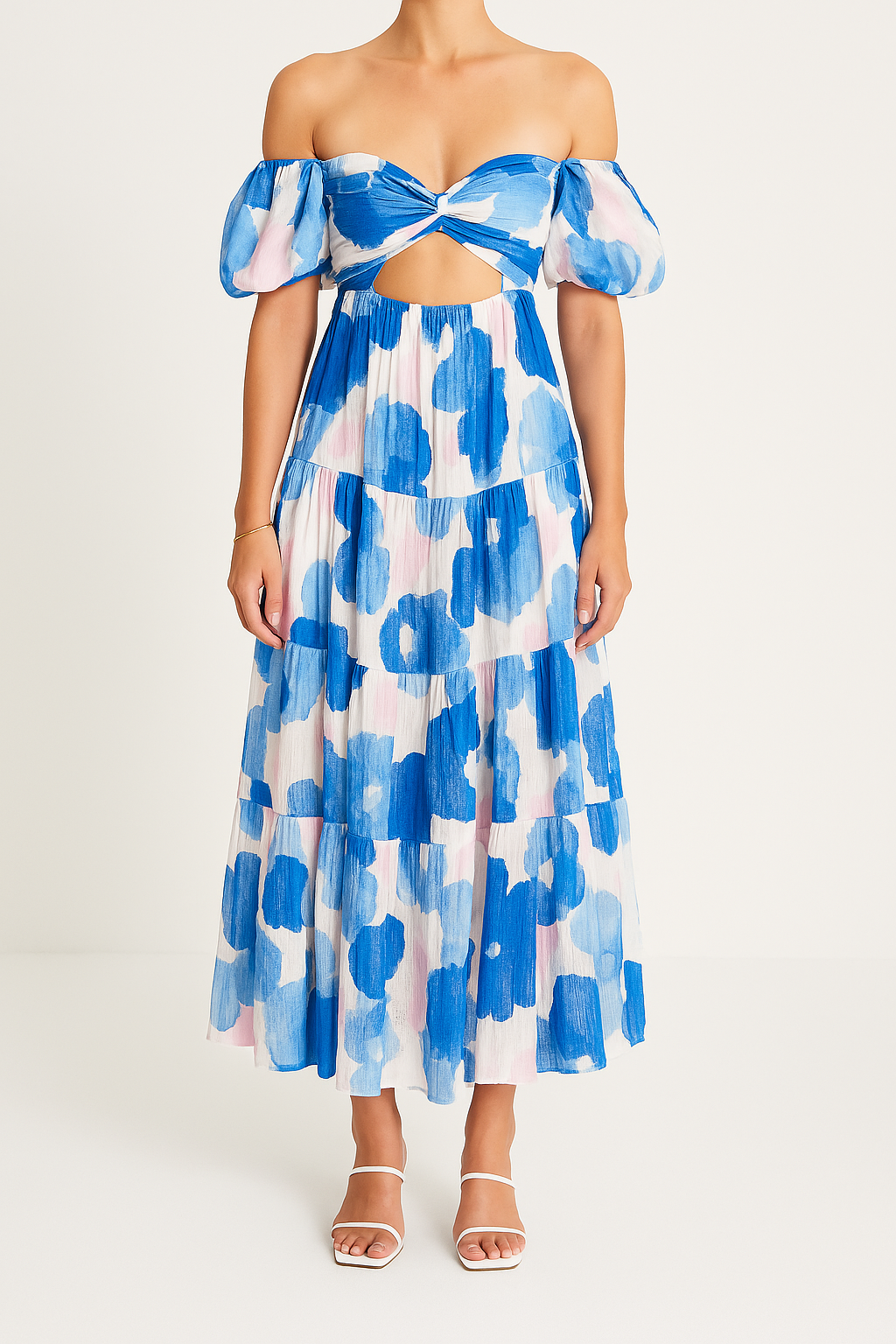 CD | Rochie maxi pentru femei - Fit and flare - Mâneci bufante - Partea de sus cropped - Fusta Tiered - Imprimate