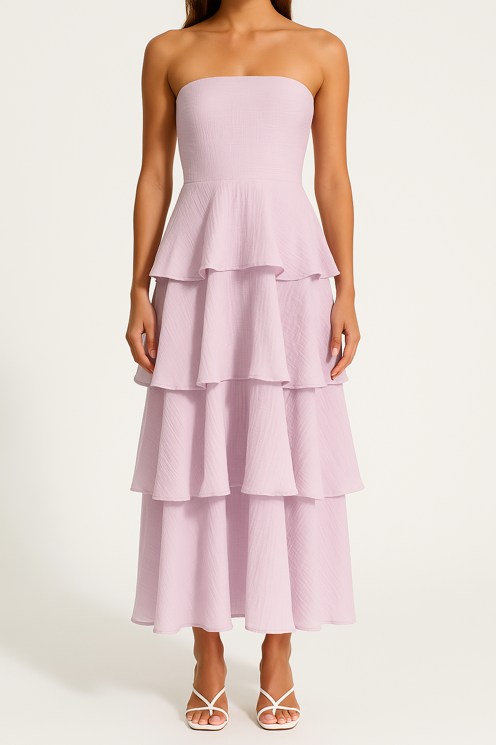 CD | Rochie midi fără bretele pentru femei - Top mulat - Fustă cu volane - Material ușor