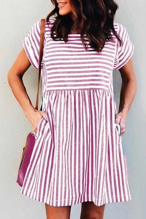 CD | Stripe cu mânecă scurtă pocekts rochie mini