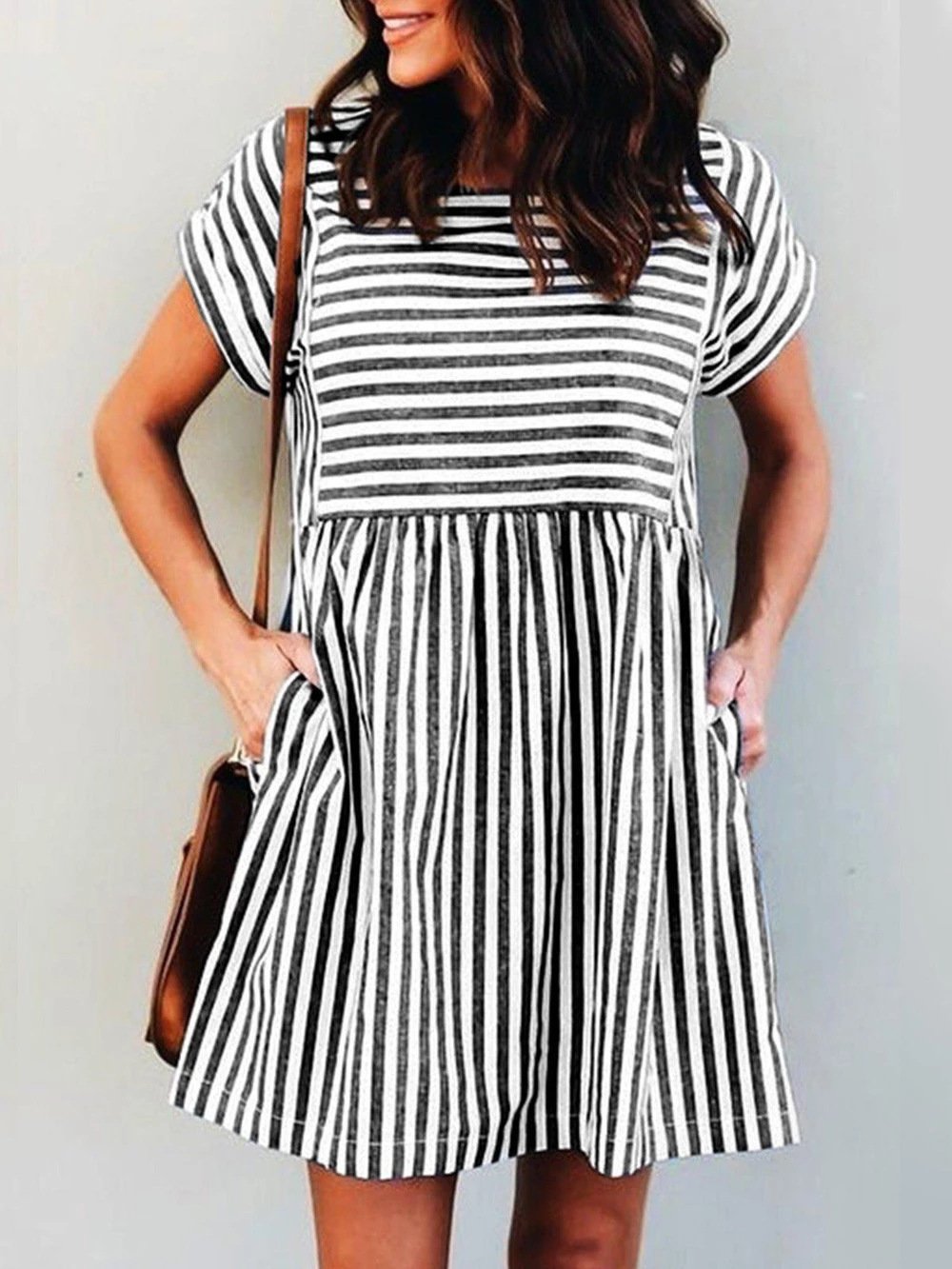 CD | Stripe cu mânecă scurtă pocekts rochie mini