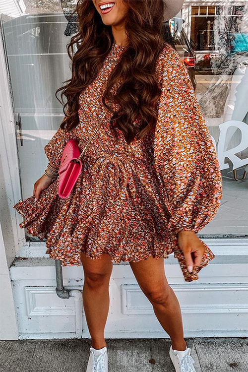 CD | Mini rochie florală cu mânecă lungă și curea
