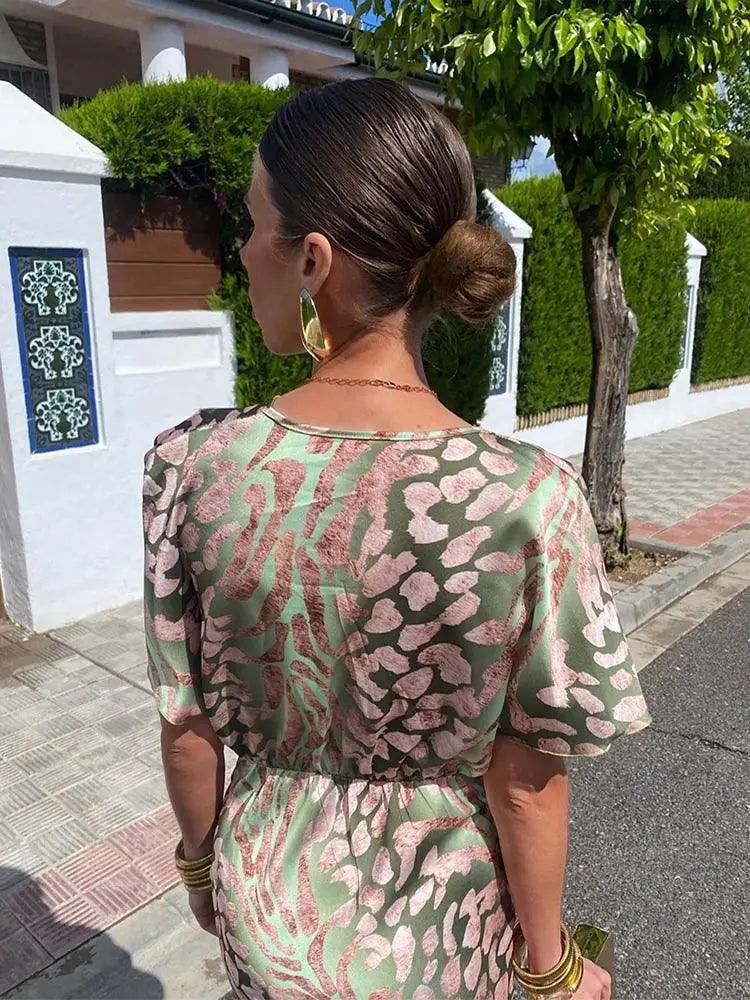 CD | Rochie midi elegantă cu model floral pentru femei - decolteu în V, mâneci scurte, plisată
