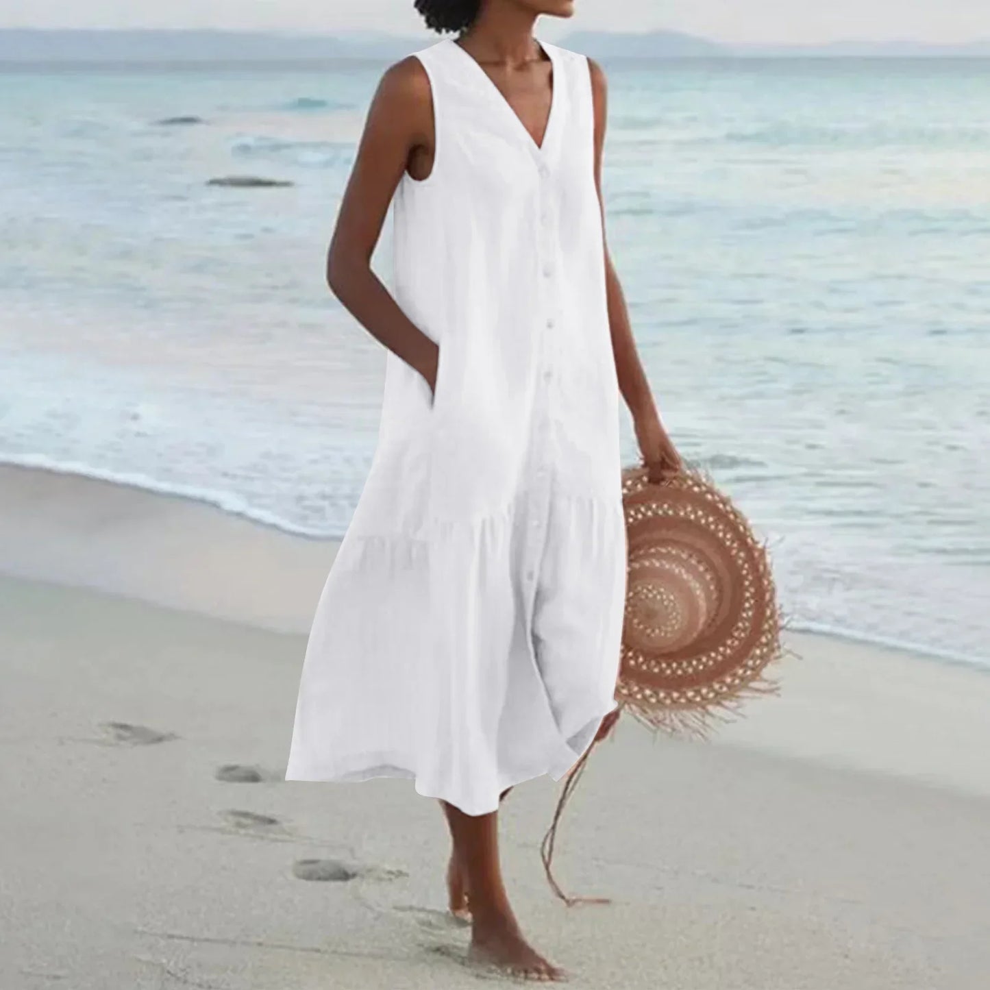 CD | 2024 Elegant solid cămașă de vară fără mâneci V-Neck Harajuku Maxi Dress