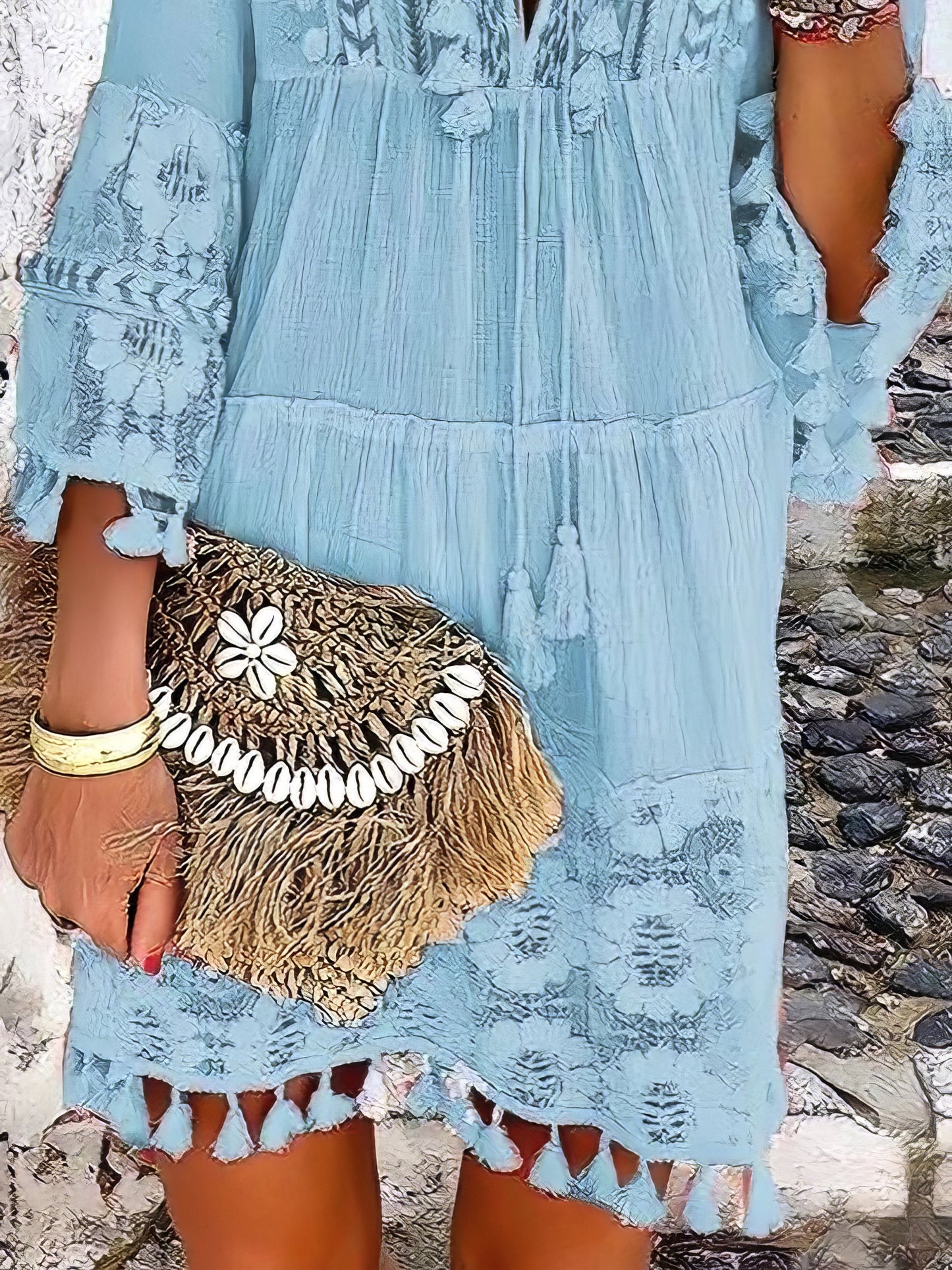 CD | Moda V-neck dantelă franjuri mini rochie