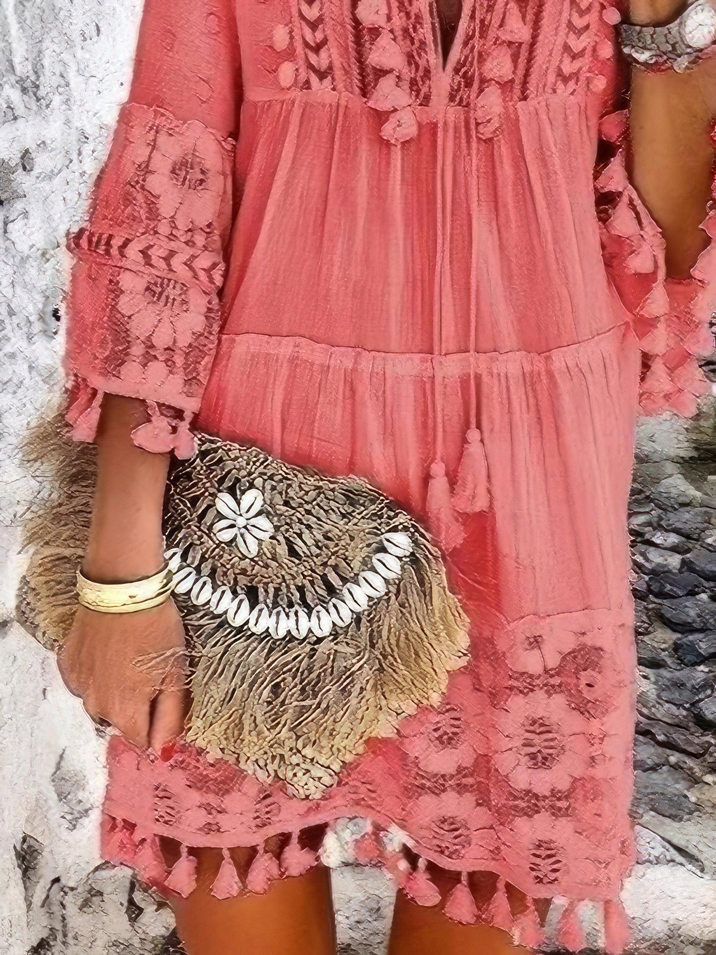 CD | Moda V-neck dantelă franjuri mini rochie