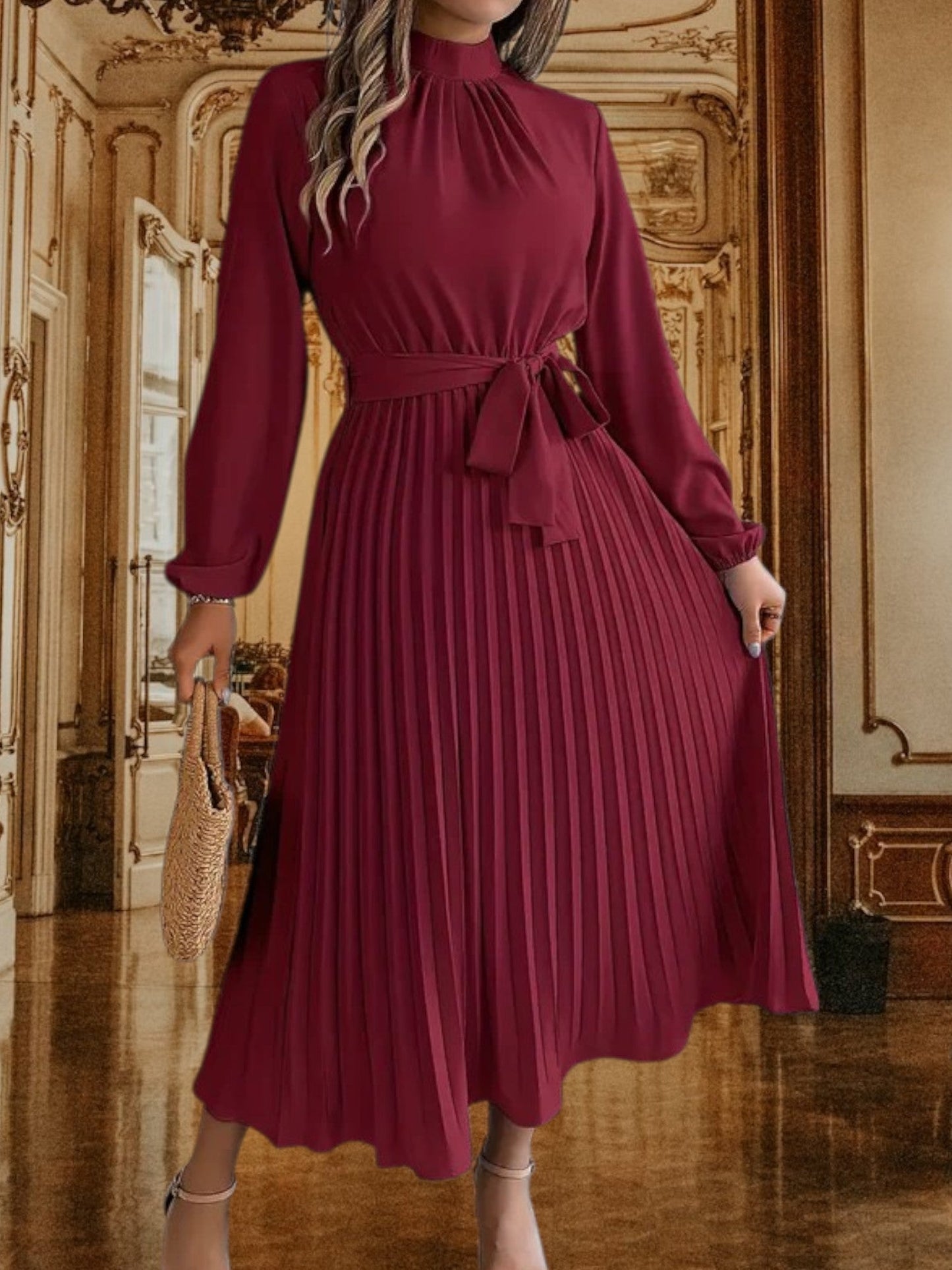 CD | Rochie midi plisată cu curea în talie și mâneci lungi