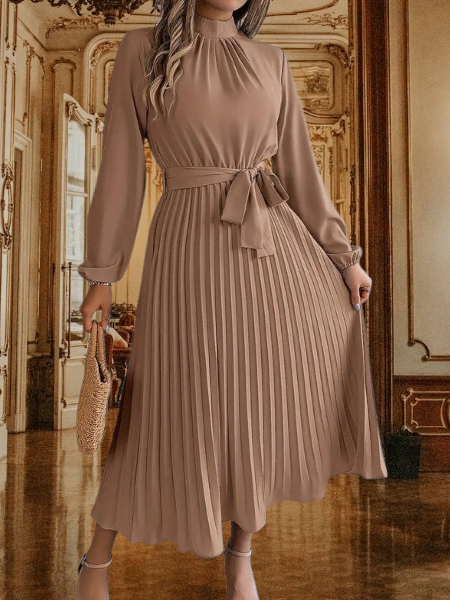 CD | Rochie midi plisată cu curea în talie și mâneci lungi