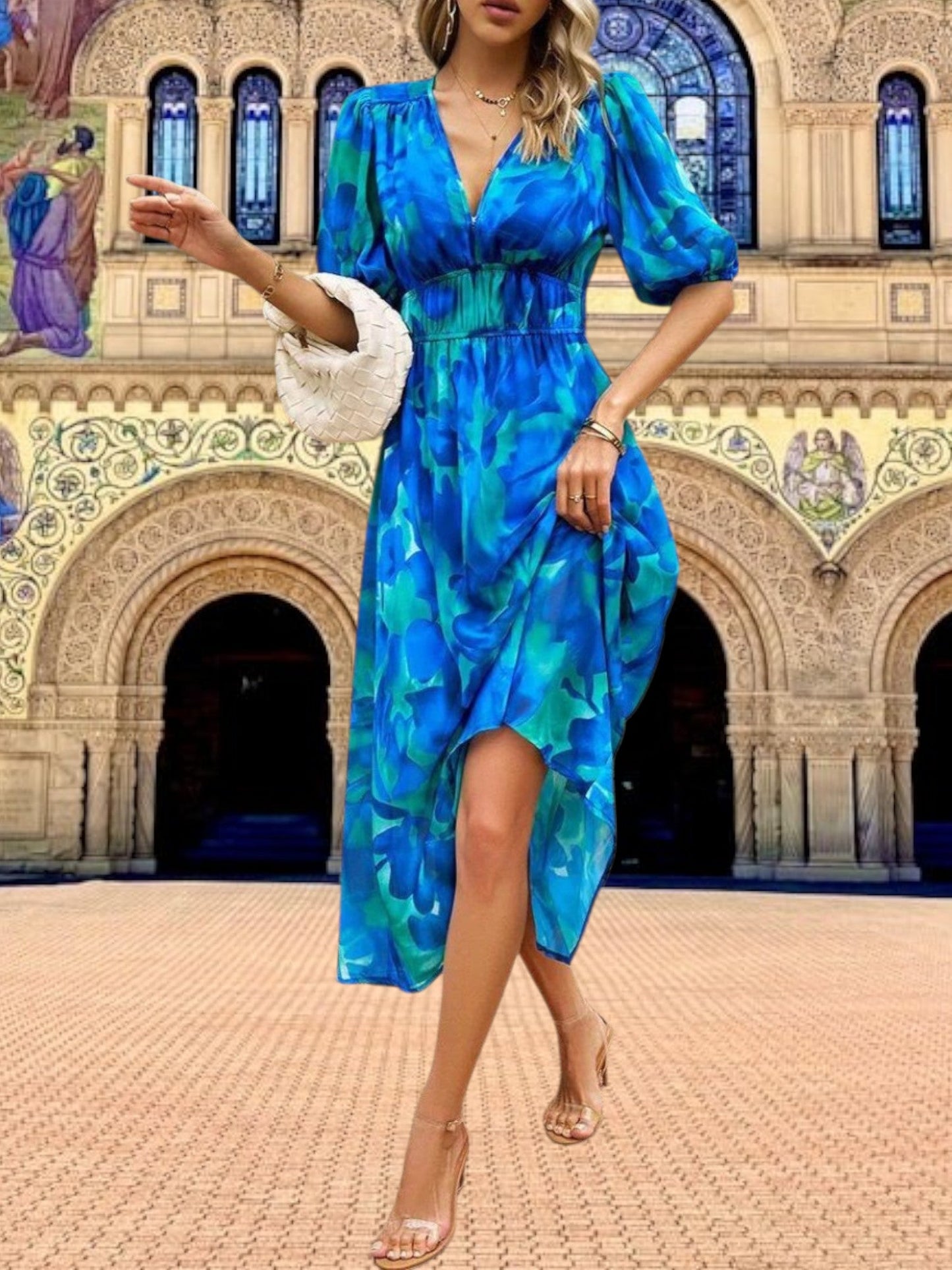 CD | Rochie midi din flori cu mâneci bufante